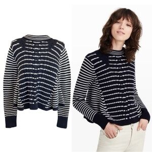 Club Monaco Merino Wool Navy Striped Cable Knit Cropped Truda Sweater